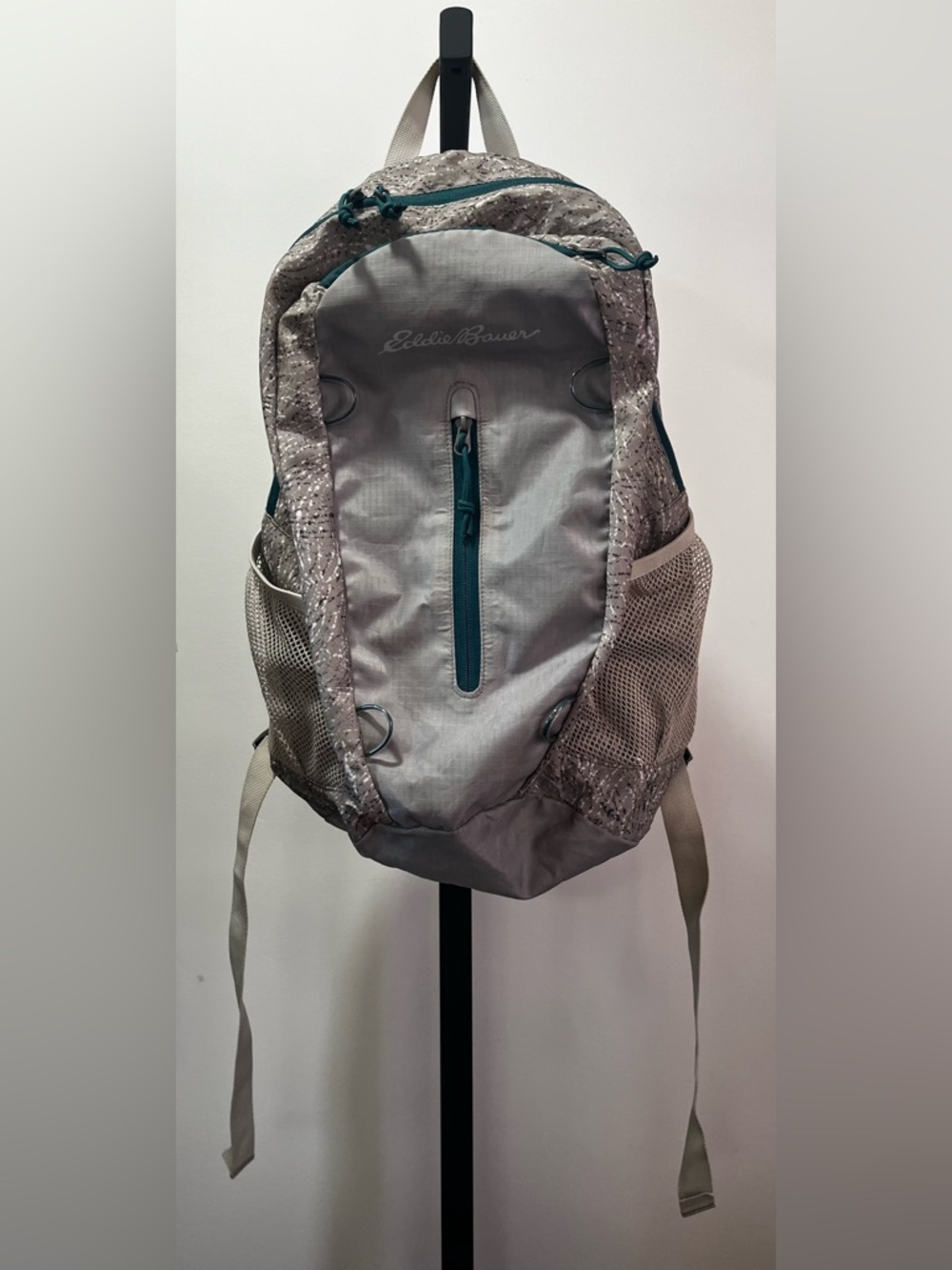Eddie Bauer Backpack Gray With Black & White Swirls Lots Of Pockets Light Weight